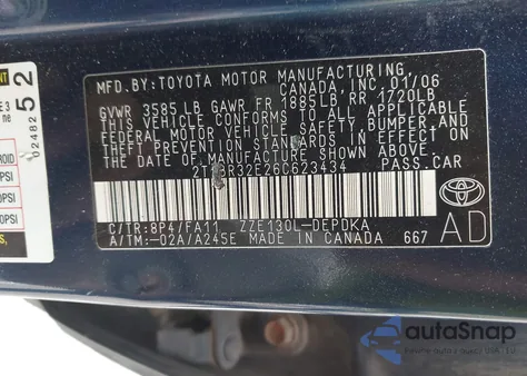 2006 Toyota Corolla Ce from USA, damaged, VIN 2T1BR32E26C623434